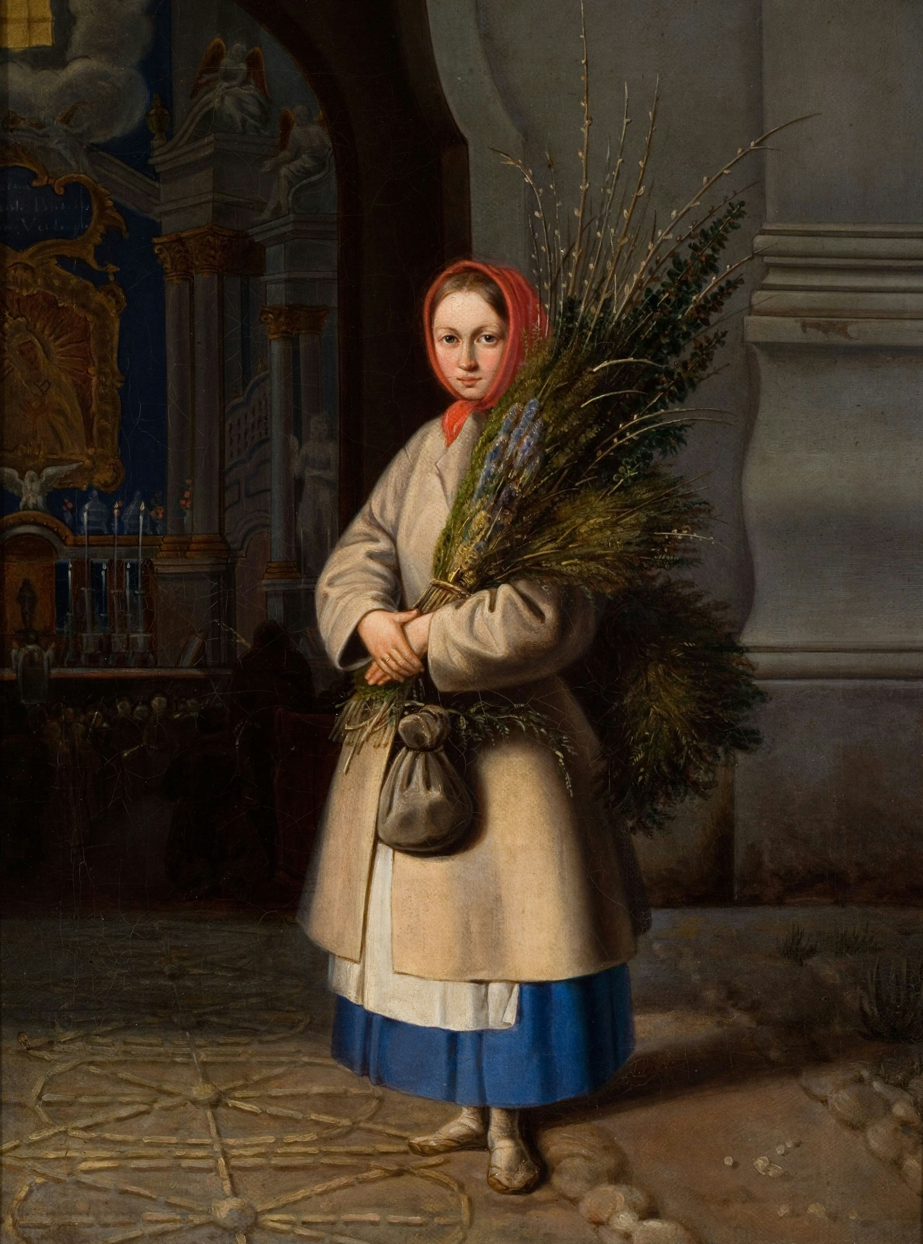 painting of girl holding branches